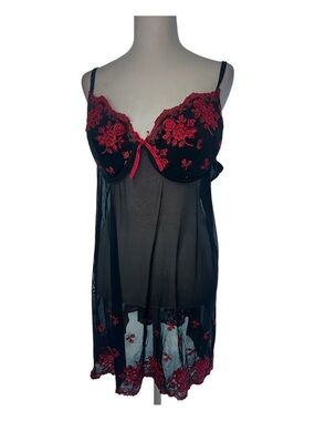 Icing Black Sheer Babydoll with Red Floral Embroidery Plus Size 3X